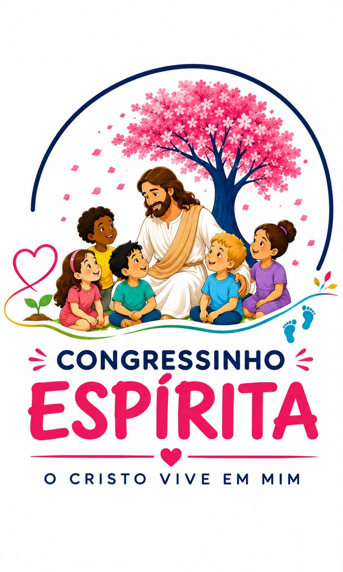 Logomarca do Congressinho Espírita: Jesus acolhendo as crianças sob a árvore florida, com os símbolos da semente, do caminho, do coração e da árvore